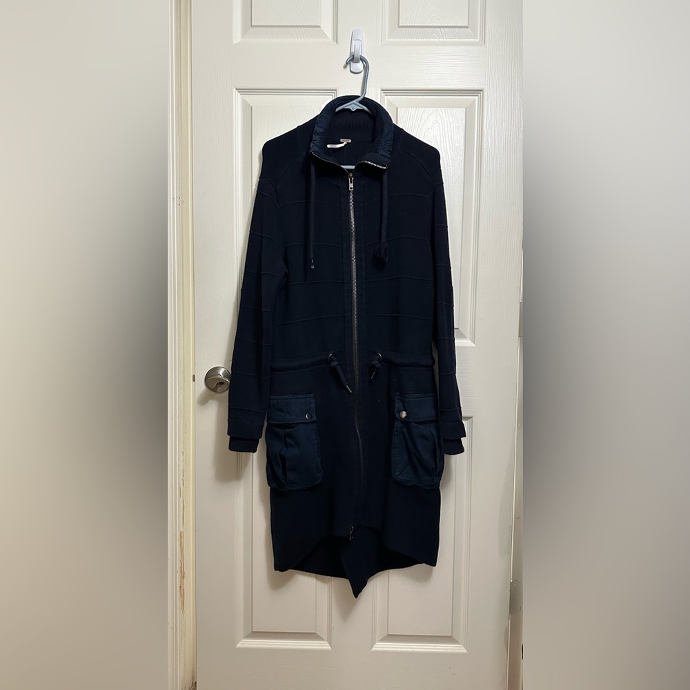 Free People Longline Sweater Jacket Coat Navy Knit Utility Pockets Size XS